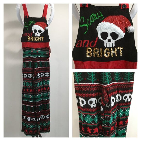 NWT EYESHADOW Christmas SCARY & BRIGHT Sequins Skull Pattern Knit Overalls - Picture 1 of 16
